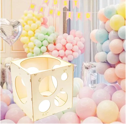 Vista 8 de Cubo de medición de globos de madera ensamblable de 9 agujeros, caja de medición de herramientas para fiestas, cumpleaños, decoraciones de boda
