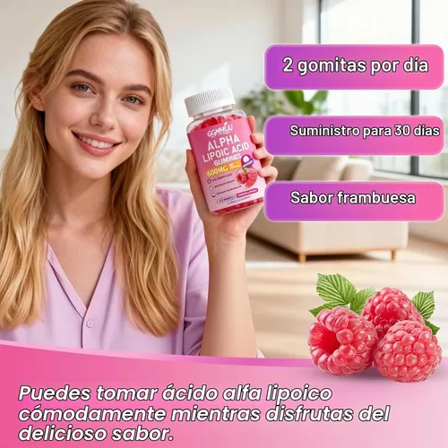 Vista 7 de Gomitas de ácido alfa lipoico 600 mg, sin azúcar, sabor frambuesa