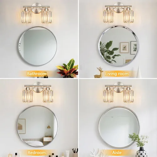 Vista 4 de Moderna lámpara de tocador de cristal de 2 luces, lámpara vertical de baño de níquel cepillado sobre espejo para tocador y lavabo, compatible