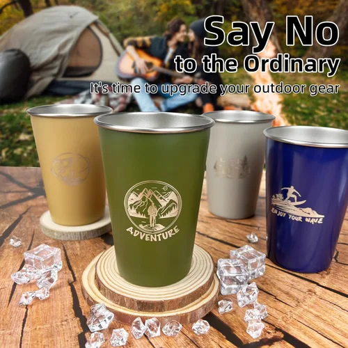 Vista 7 de Taza de camping de 16 onzas (paquete de 4) taza de acero inoxidable 18/8 para picnic al aire libre, senderismo, pesca, surf, fiesta, taza de metal