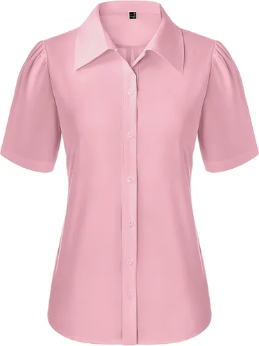 Vista 9 de Gleeivy Camisas de botones para mujer de manga corta abombada, camisas de vestir abotonadas con cuello ajustado, blusa superior de trabajo