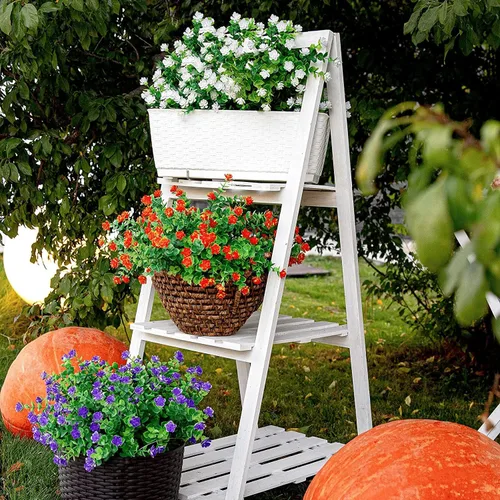 Vista 2 de Flores artificiales para exteriores, flores sintéticas para macetas de exterior, flores exteriores que se ven reales (14 unidades, naranja)