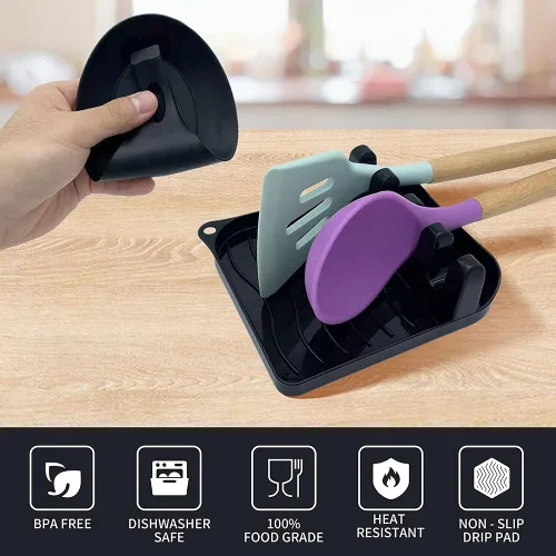 Vista 3 de Paquete de 2 cucharas para múltiples utensilios con almohadilla de goteo, antideslizante, resistente al calor, soporte para cuchara de cocina