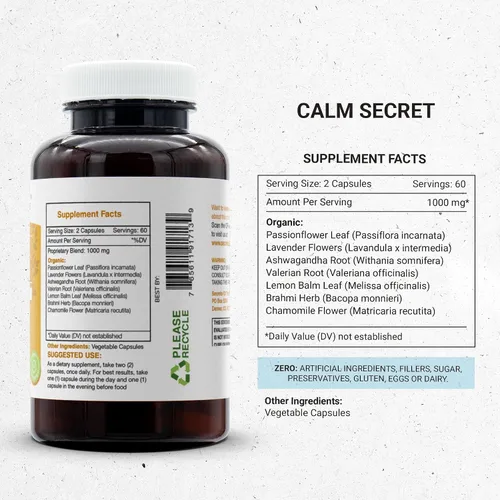Vista 3 de Secrets of the Tribe - Calm Secret, fórmula sin ansiedad, mezcla de suplementos de hierbas (120 cápsulas)