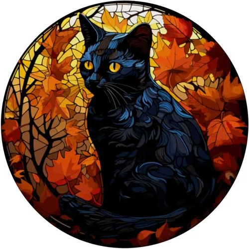 Vista 3 de Halloween Gato Negro Vidriera Otoño Hojas PopSockets Estándar PopGrip