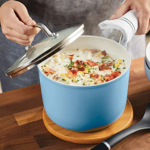 Vista 7 de KitchenAid Sartén antiadherente de cerámica anodizada dura con tapa, 3 cuartos de galón, terciopelo azul