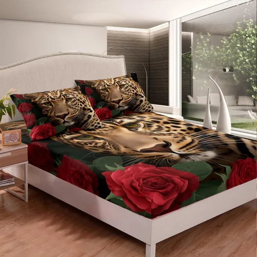 Vista 2 de Erosebridal Juego de sábanas bajeras de rosas rojas y leopardo, tamaño individual, diseño de animales africanos salvajes, diseño de plantas