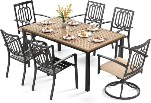 Vista 20 de PHI VILLA Juego de comedor al aire libre de 7 piezas para 6, mesa rectangular de metal negro de 60 pulgadas con agujero para sombrilla y sillas