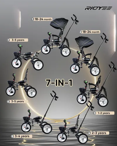 Vista 2 de RIDYEE 7-en-1 Triciclo plegable para niños pequeños de 18 meses a 5 años, cochecito triciclo con frenos duales, neumático de goma todo terreno