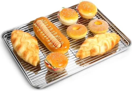 Vista 7 de Yododo - Juego de bandeja para hornear con estante de refrigeración (2 sartenes + 2 estanterías), bandeja para hornear galletas de acero inoxidable