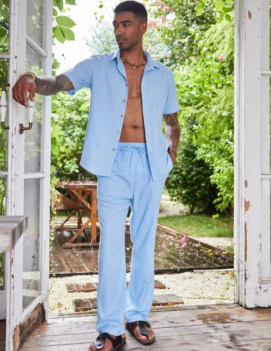Vista 3 de COOFANDY Conjunto de 2 piezas de lino para hombre, conjunto de camisa y pantalón con botones para la playa