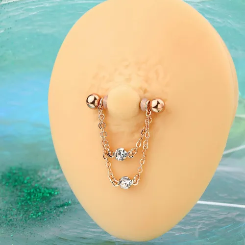 Vista 4 de Cocharm Anillos de pezón de doble cadena de 0.49 oz, plata y oro, joyería de piercing de acero inoxidable 316L para mujer
