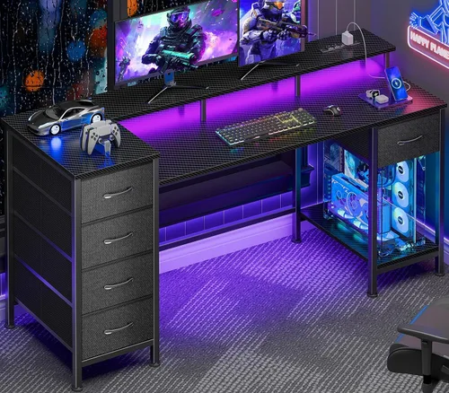 Vista 9 de Korfile - Escritorio para computadora de 47 pulgadas con 5 cajones de almacenamiento de tela, escritorio para juegos con tomas de corriente y luces