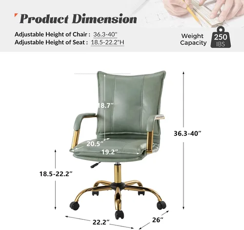 Vista 2 de HULALA HOME Silla de escritorio de piel sintética para oficina en casa, silla giratoria ajustable para computadora con patas y brazos dorados, silla