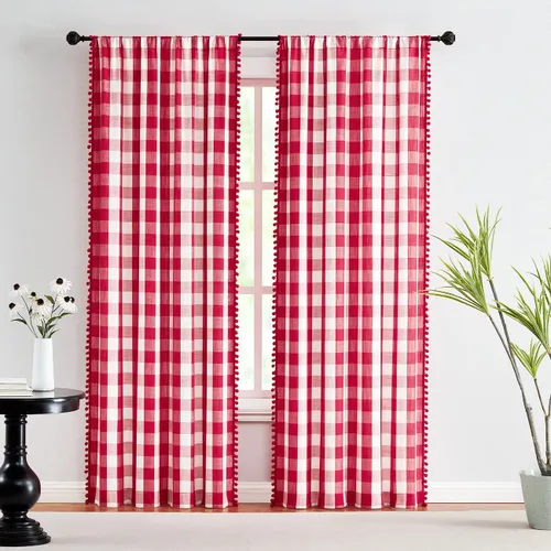 Vista 16 de Cortinas de cuadros blancos y negros con pompones, 45 pulgadas, semitransparentes a cuadros Blanco y negro