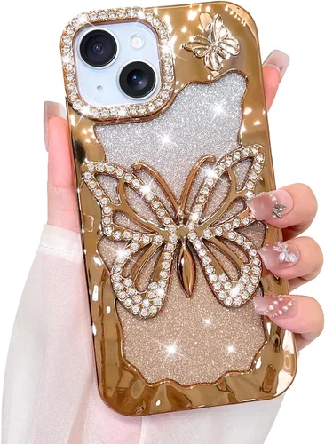 Vista 51 de Bonoma Funda con purpurina para iPhone 13 Pro Max, bonita funda 3D con patrón de chapado en degradado de mariposa de diamante, protección de cámara