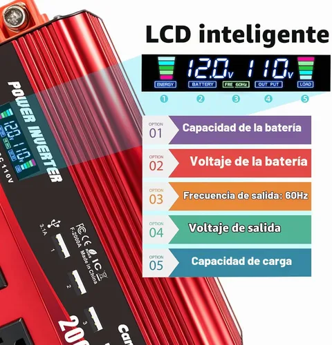 Vista 3 de Inversor de corriente 2000W 12V a 110V/120V DC a CA con pantalla LCD
