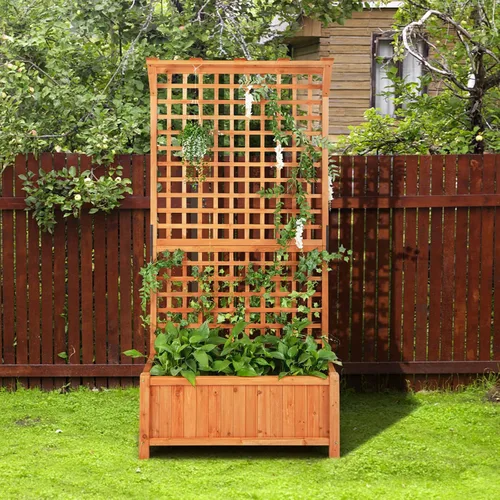 Vista 3 de HAPPYGRILL Cama de jardín elevada de 72.5 pulgadas con enrejado y jardinera