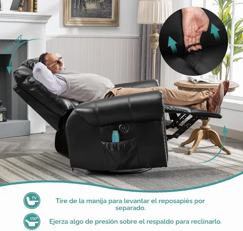 Vista 6 de MEETWARM Sillón reclinable giratorio de masaje con calor y vibración, mecedora manual mecedora, silla reclinable giratoria de 360° con control Negro