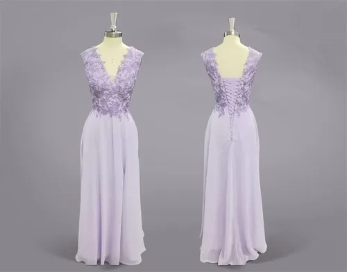 Vista 7 de Chiffon Bridesmaid Dresses V Neck Lace Appliques A Line Chiffon Long Formal Gowns with Slit