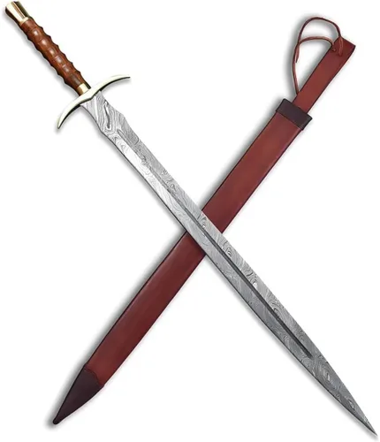 Vista 4 de Espada Vikinga de Damasco Hecha a Mano de 38 Pulgadas Real Medieval LARP Cosplay Nórdico Accesorios de Espadas con Vaina de Cuero Mango