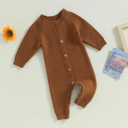Vista 3 de Mameluco de punto de gran tamaño con cuello redondo y botones de manga larga para bebé niño y niña