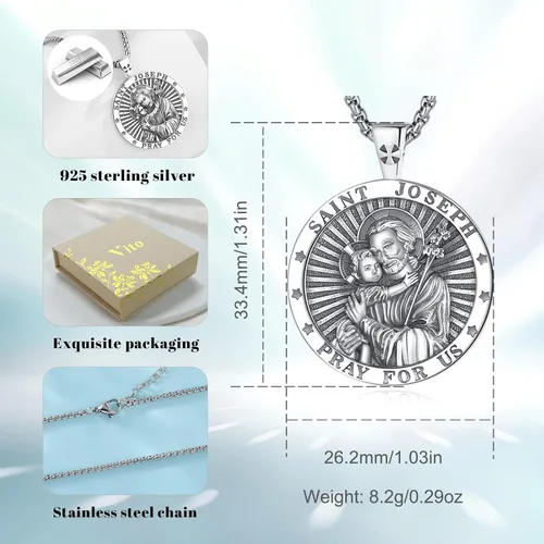 Vista 3 de Vito Collar con colgante de plata de ley 925, San Miguel, San Cristóbal, San Juda, sello de siete arcángeles, Virgen María milagrosa, crucifijo