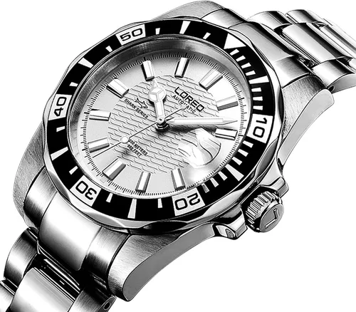 Vista 4 de LOREO Reloj automático para hombre GMT plata acero inoxidable zafiro cristal azul giratorio bisel azul esfera azul