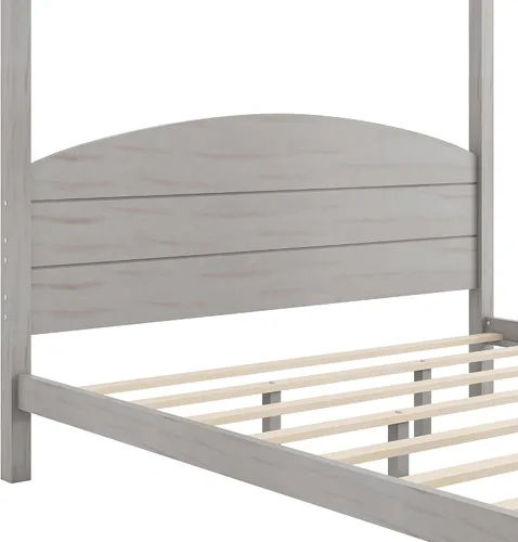 Vista 4 de Linique Cama de plataforma tamaño King con cabecera y patas de soporte, marco de cama King de madera con cuatro pósteres, no requiere somier, gris