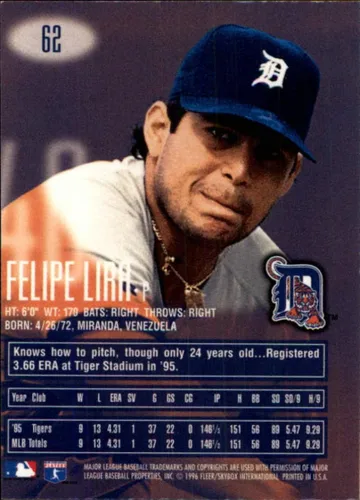 Vista 2 de Baseball Trading Card MLB 1996 E-Motion XL #62 Felipe Lira NM Near Mint Tigers