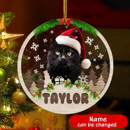 Vista 2 de Adorno personalizado de gato negro para regalo de Navidad de 2.90 x 2.90 pulgadas, acrílico personalizado con nombre de mascota, árbol para colgar