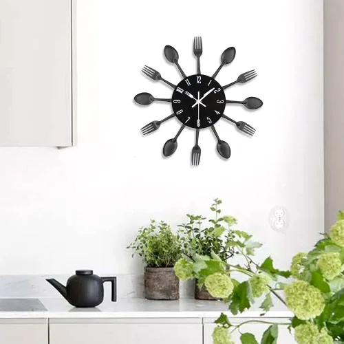 Vista 7 de Reloj de pared de cocina Timelike, reloj de cocina de cubertería 3D extraíble moderno creativo, cuchara y tenedor, reloj de pared con espejo Negro
