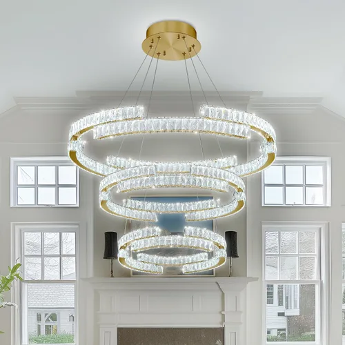 Vista 3 de D40''+D27.5''+D15.7'' Moderna lámpara de araña de oro de 3 anillos de cristal para sala de estar, luz colgante de cristal, entrada de vestíbulo Oro