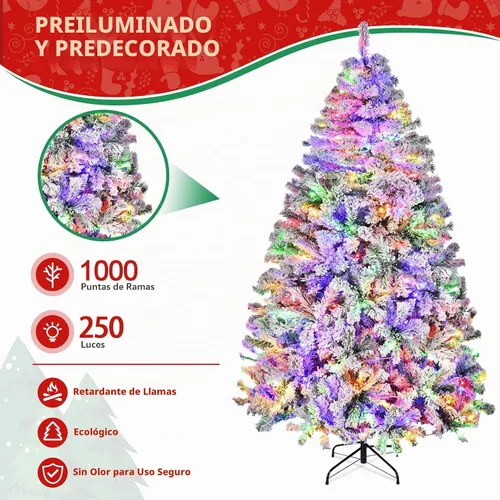 Vista 3 de Árbol de Navidad flocado de 6 pies preiluminado, árbol de Navidad artificial con control remoto, 250 luces LED de color blanco cálido y cambio