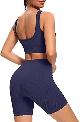 Vista 3 de TWFRHC - Conjuntos de entrenamiento para mujer con tirantes acanalados, 2 piezas, sin costuras, cintura alta, para gimnasio, pantalones cortos