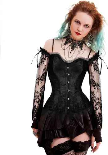 Vista 5 de Haysandy Conjunto de corsé gótico con mangas de encaje y pulsera Negro