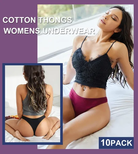 Vista 4 de FINETOO Paquete de 10 tangas de algodón para mujer, transpirables, de tiro bajo, bikini, ropa interior sexy S-XL