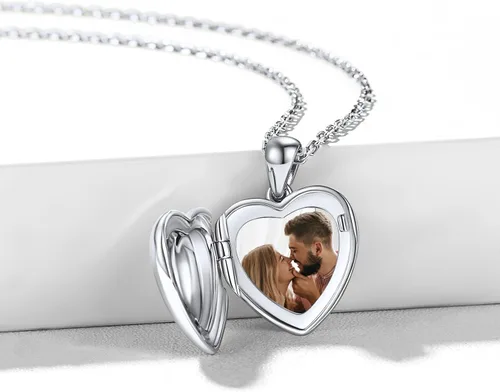 Vista 6 de ChicSilver Collar con medallón de flores grabadas de plata de ley 925 para mujeres que sostienen imágenes, medallón personalizado con imagen, cadena