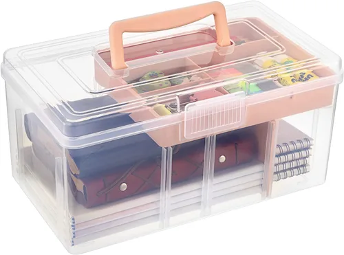 Vista 9 de BTSKY - Caja de almacenamiento de 2 capas de plástico transparente con bandeja extraíble, caja organizadora multiuso para papelería con asa, caja