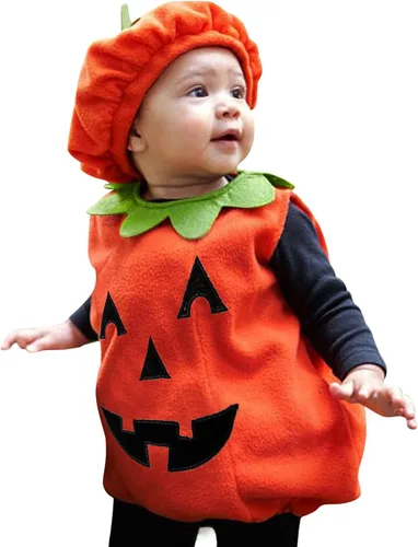 Vista 2 de Disfraz de calabaza para bebé niño y niña, disfraz de calabaza para Halloween, chaleco de burbujas, body con sombrero, calcetines y trajes