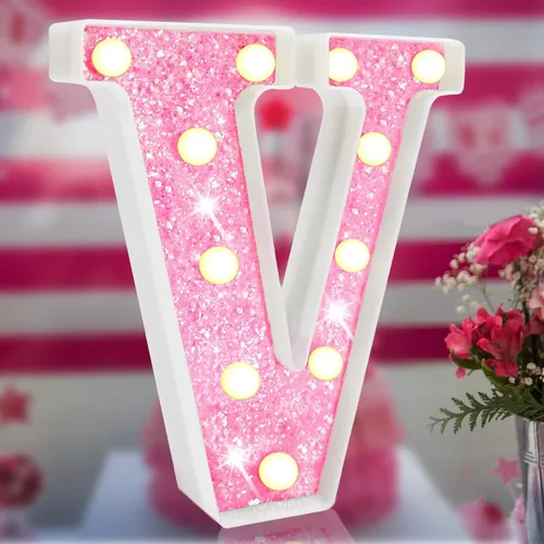 Vista 13 de Letras rosas iluminadas con purpurina, letras del alfabeto rosas, letreros de luces LED en marquesina rosas con batería para iluminación nocturna