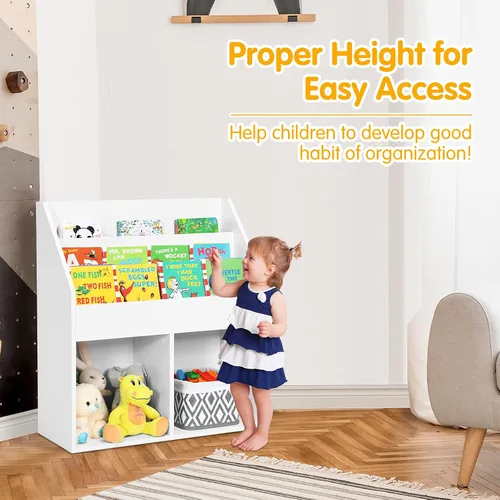 Vista 8 de KOTEK Estantería para niños con organizador de almacenamiento de juguetes, estantería para niños con estante de libros de 3 niveles y 2 cubos