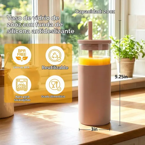 Vista 2 de Tronco Vaso de vidrio de 20 onzas con tapas y pajitas, vasos reutilizables para batidos con tapa de silicona, taza de café helado con funda Negro