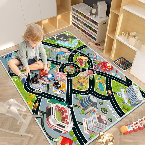 Vista 5 de Alfombra de Coches para Niños, Alfombra de Juego para Coches de Juguete y Tren, Alfombra de Juego de Tráfico Vial para Niños, Alfombra de Área