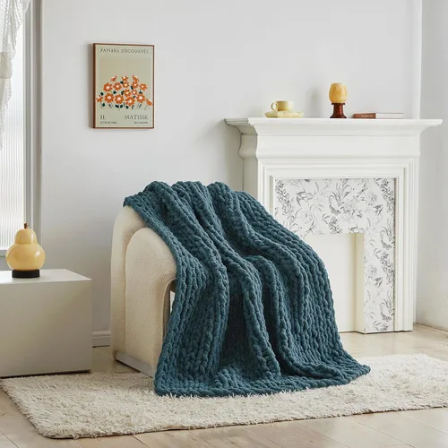 Vista 3 de Longhui bedding Manta de punto grueso hecha a mano, lujosa manta de punto trenzado de felpilla para sofá, sofá y cama, manta decorativa ultra suave