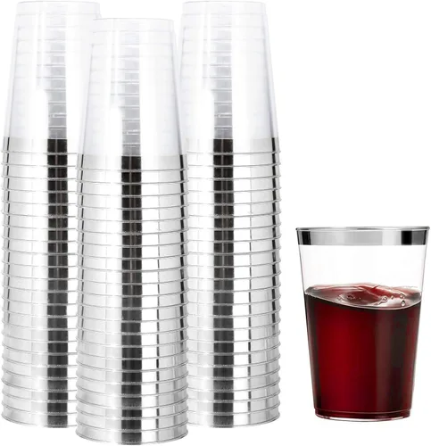 Vista 18 de I00000 100 vasos de plástico dorados, vasos de plástico transparente de 10 onzas con borde dorado, tazas de cerveza, taza dura desechable