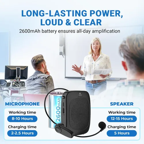 Vista 3 de Amplificador de voz inalámbrico con micrófono de auriculares, amplificador Bluetooth inalámbrico personal con micrófono, micrófono inalámbrico