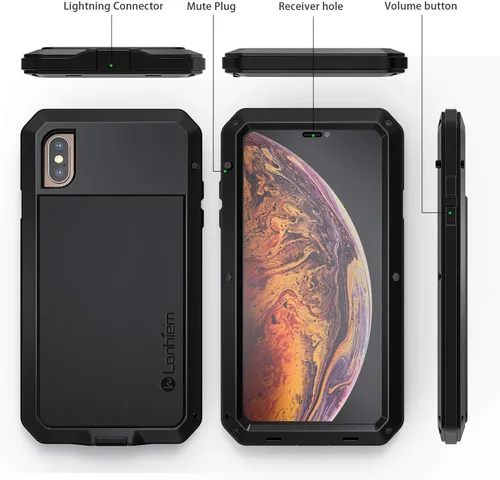 Vista 5 de Lanhiem Funda de metal para iPhone X/Xs, resistente a los golpes [Tough Armour] con protector de pantalla de vidrio integrado, funda protectora