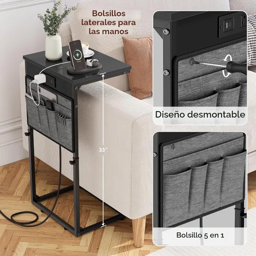 Vista 6 de Vagusicc - Mesa auxiliar en forma de C con estación de carga, mesa lateral de altura ajustable para sofá, mesa pequeña para sofá con laptop