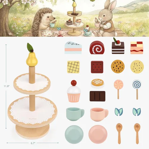 Vista 2 de Juego de Fiesta de Té con Soporte para Postres - Juguetes de Madera de Comida de Juego de Simulación y Accesorios de Cocina para Juego de Té